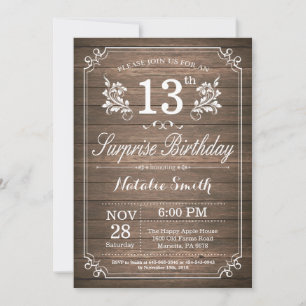 Invitation de fête rustique surprise pour 13 ans a