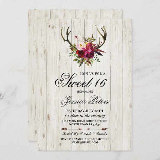 Invitation de fête Rustique Sweet 16 avec fleurs, (Devant / Derrière)