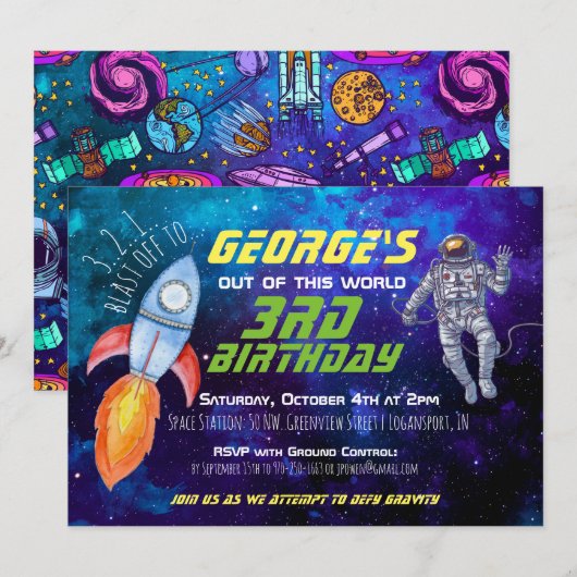 Invitation de fête sur le thème de l'espace (Devant / Derrière)