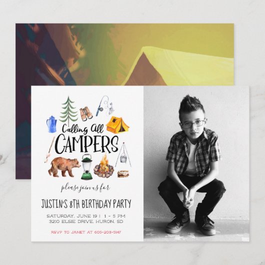 Invitation de fête sur le thème du camping (Devant / Derrière)