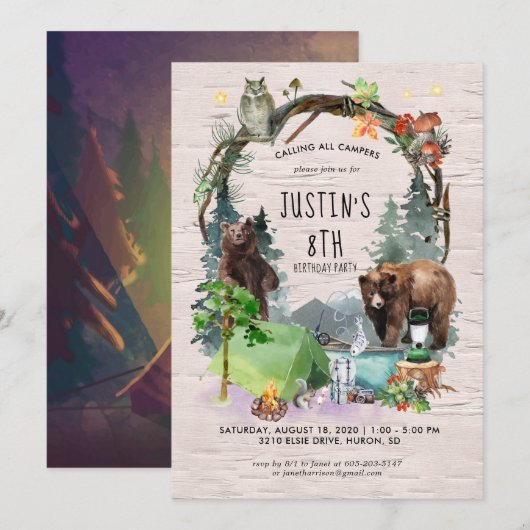 Invitation de fête sur le thème du camping (Devant / Derrière)
