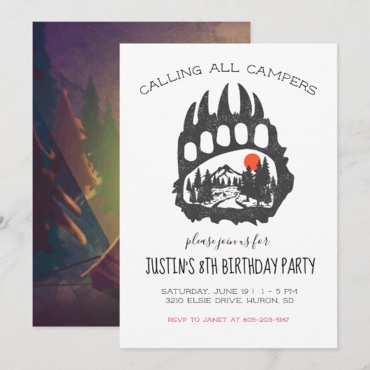 Invitation de fête sur le thème du camping (Devant / Derrière)