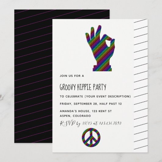 Invitation de fête sur le thème hippie (Devant / Derrière)