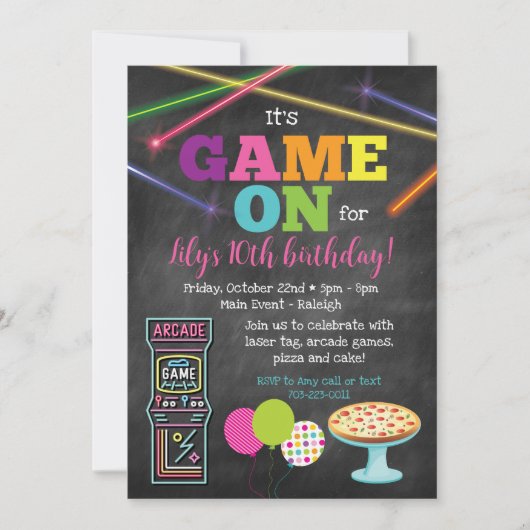 Invitation de fête sur tableau noir Game On Arcade (Devant)
