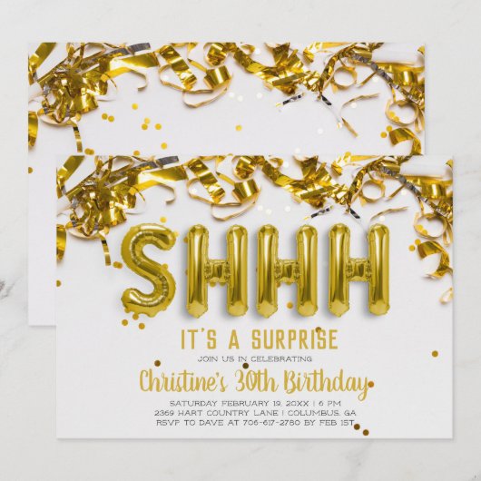 Invitation de fête surprise Chut | Ballons dorés (Devant / Derrière)