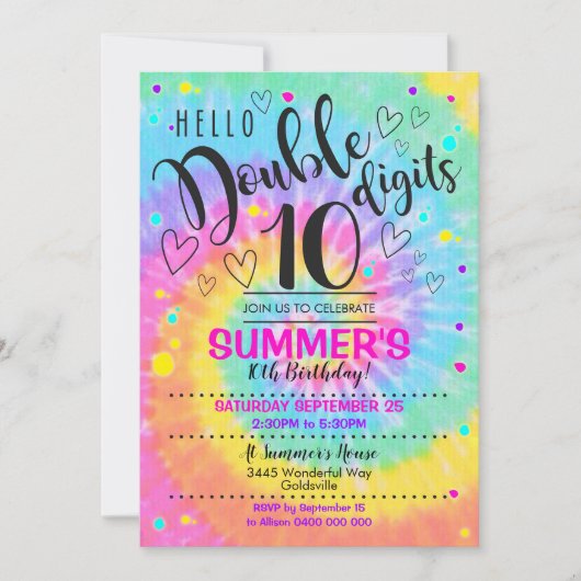 Invitation de fête Tie Dye Hello Double Digits 10  (Devant)
