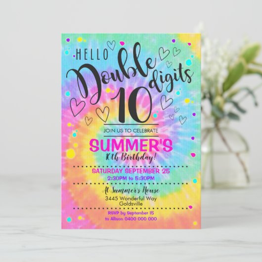 Invitation de fête Tie Dye Hello Double Digits 10 (Debout devant)