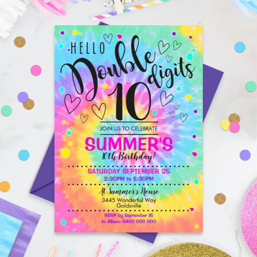 Invitation de fête Tie Dye Hello Double Digits 10 