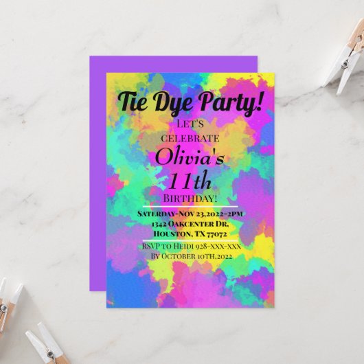 Invitation de fête Tie Dye Hippy (Devant/Arrière en situation)