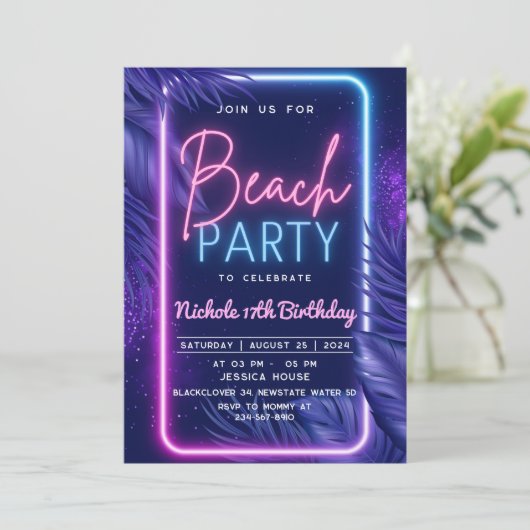 Invitation de fête tropicale néon plage (Debout devant)