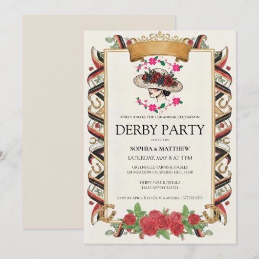 Invitation de fête vintage Derby Fleur de cheval (Devant / Derrière)