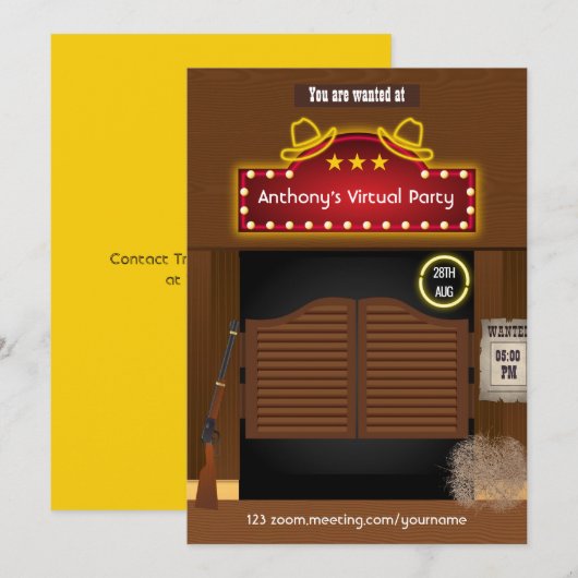 Invitation de fête virtuelle de cowboy de l'Ouest (Devant / Derrière)
