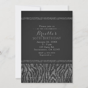 Invitation de fête Zebra Sparkle Silver & Black Gl