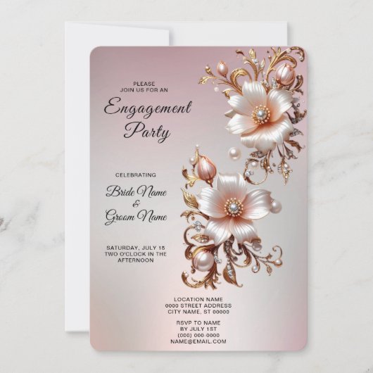Invitation de fiançailles décorative florale rose (Devant)