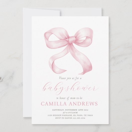 Invitation de fille Baby shower de la ceinture ros (Devant)
