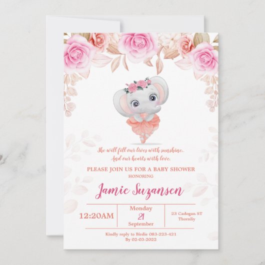Invitation de fille Baby shower d'éléphant floral  (Devant)