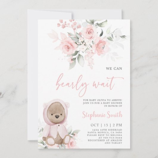 Invitation de fille Baby shower d'ours (Devant)