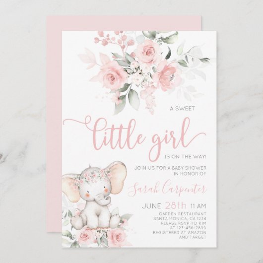 Invitation de fille Baby shower éléphant (Devant / Derrière)