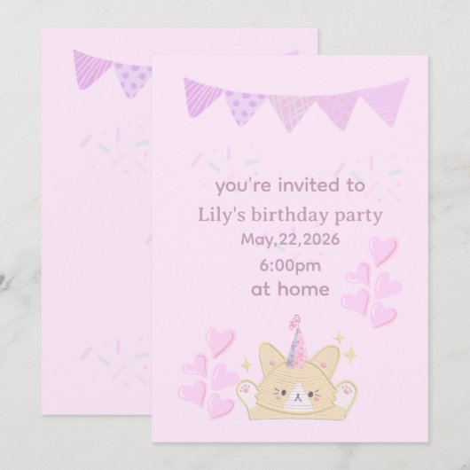 Invitation de fille d'anniversaire | carte personn (Devant / Derrière)