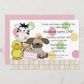 Invitation de fille d'anniversaire d'animaux de (Devant / Derrière)