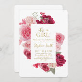 Invitation de fille de Baby shower rose et rouge (Devant / Derrière)