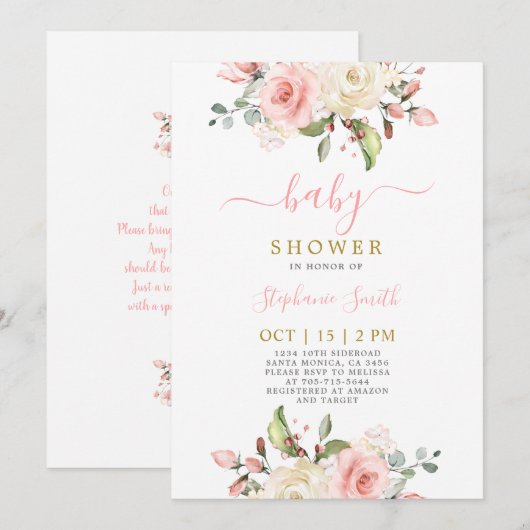 Invitation de fille de Baby shower rose pâle (Devant / Derrière)