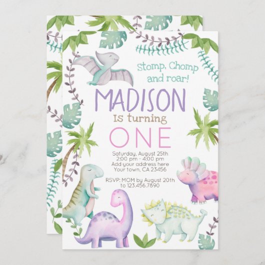 Invitation de fille Dinosaur (Devant / Derrière)