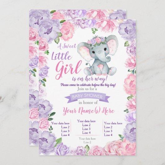 Invitation de fille éléphante rustique, rose viole (Devant / Derrière)