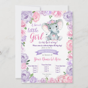 Invitation de fille éléphante rustique, rose viole