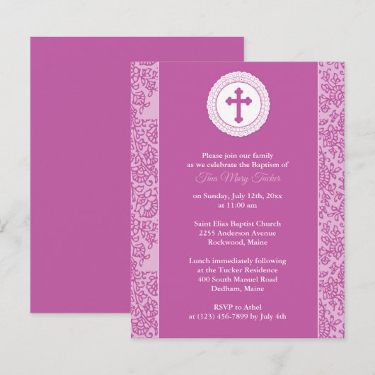 Invitation de fille rose Baptême (Devant / Derrière)