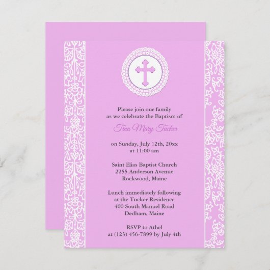 Invitation de fille rose Baptême (Devant / Derrière)