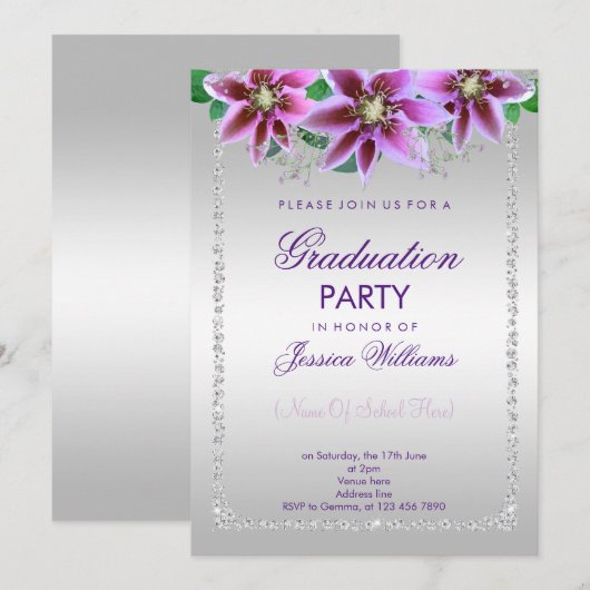 Invitation de fin d'études Classy Diamonds & Flowe (Devant / Derrière)