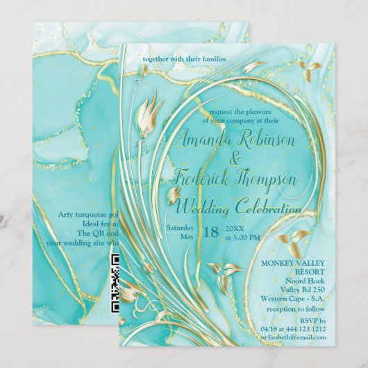 Invitation de fleur abstraite turquoise dorée arti (Devant / Derrière)