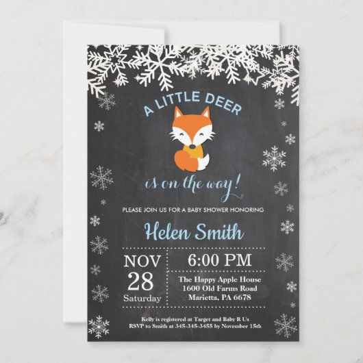 Invitation de Fox Winter Boy Baby shower Chalkboar (Devant)