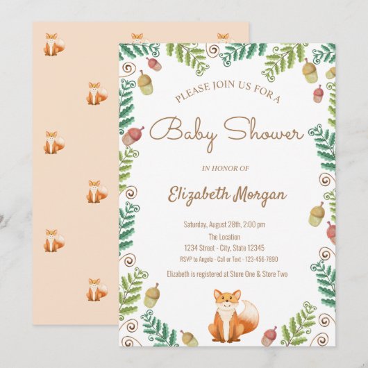 Invitation de Fox, Woodland Baby shower (Devant / Derrière)