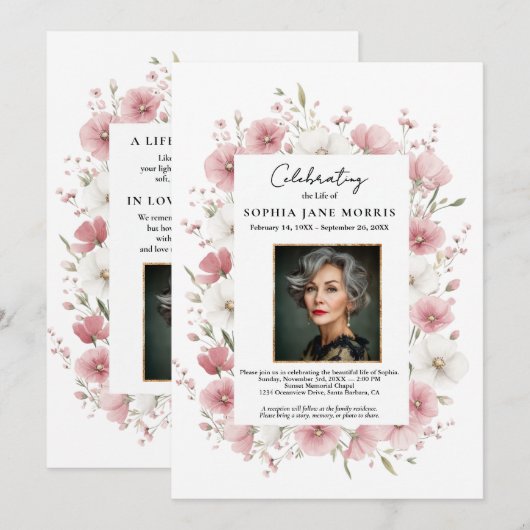 Invitation de funérailles aux fleurs sauvages rose (Devant / Derrière)