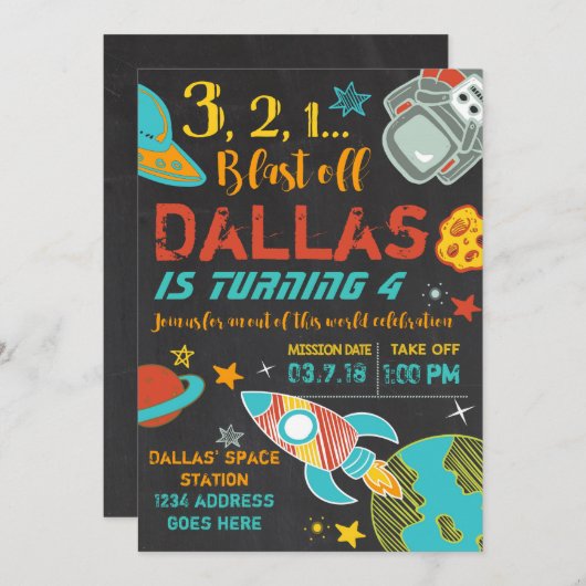 Invitation de fusée d'anniversaire de l'espace (Devant / Derrière)