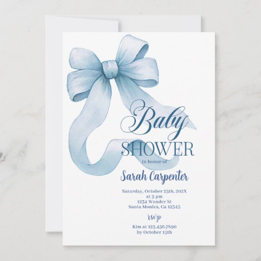 Invitation de Garçon Baby shower Bleu Bow (Devant)