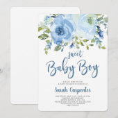 Invitation de garçon de baby shower floral bleu (Devant / Derrière)