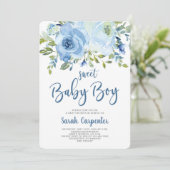 Invitation de garçon de baby shower floral bleu (Debout devant)