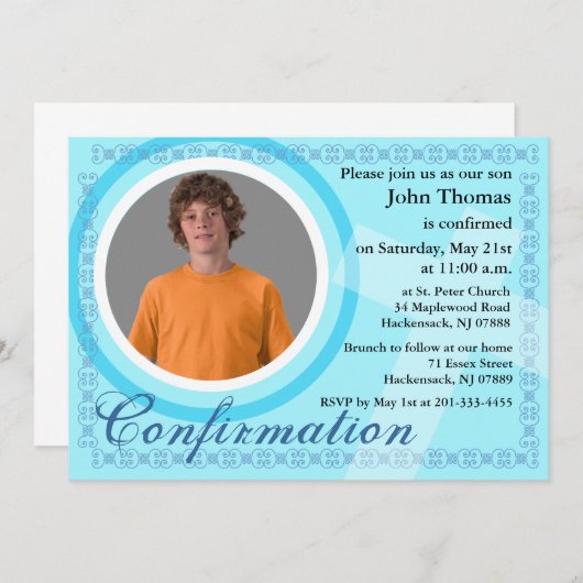 Invitation de garçon de confirmation Bleu (Devant / Derrière)