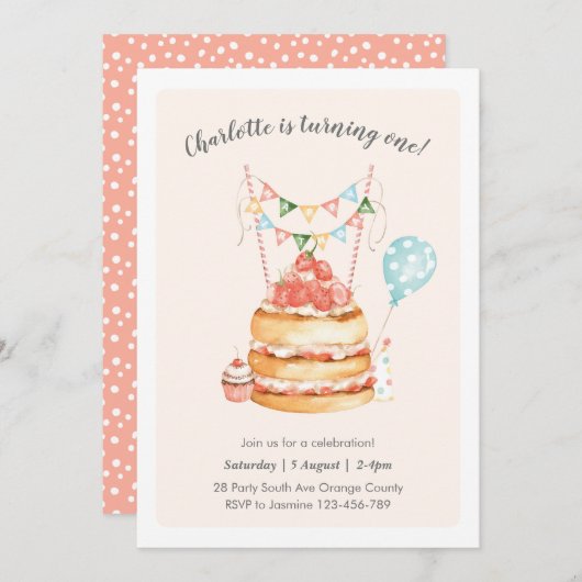 Invitation de gâteau d'anniversaire d'aquarelle (Devant / Derrière)