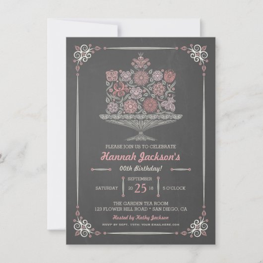 Invitation de gâteau d'anniversaire de fleurs en d (Devant)