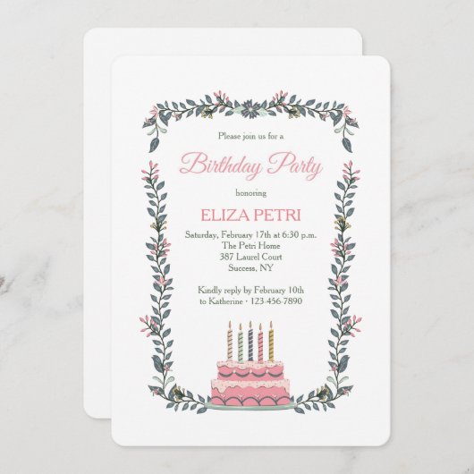 Invitation de gâteau rose d'anniversaire (Devant / Derrière)