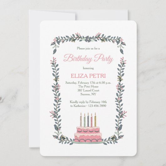 Invitation de gâteau rose d'anniversaire (Devant)