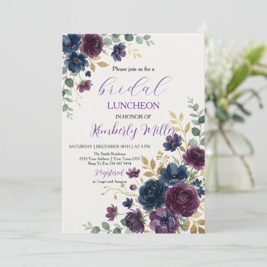 Invitation de goûter de mariage floral pourpre (Debout devant)