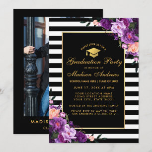 Invitation de graduation à rayures d'or violet - P