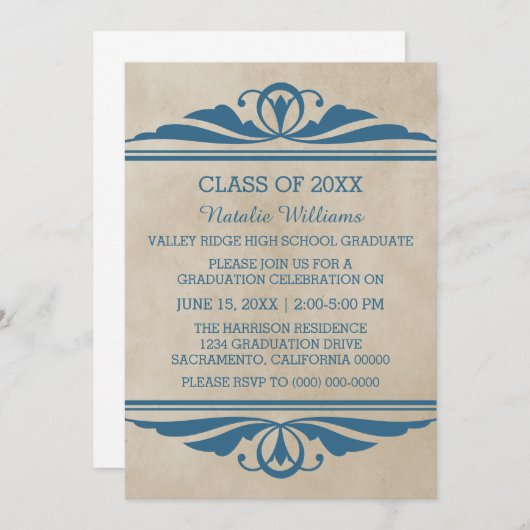 Invitation de graduation Blue Elegant Deco (Devant / Derrière)