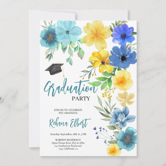 Invitation de graduation Boho Jaune & Bleu Floral (Devant)