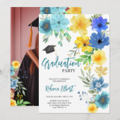Invitation de graduation Boho Jaune & Bleu Floral (Devant / Derrière)